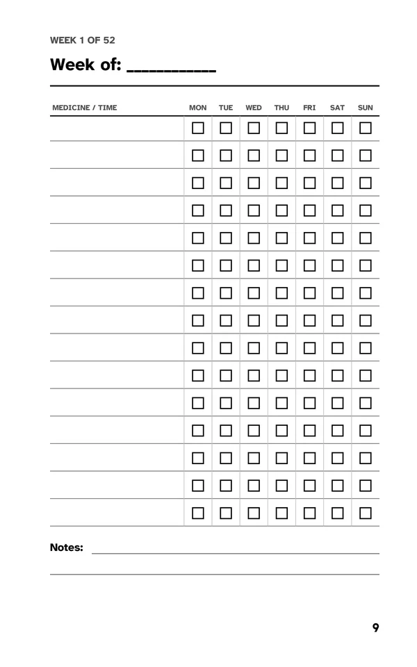 Medication Log Book: Weekly page